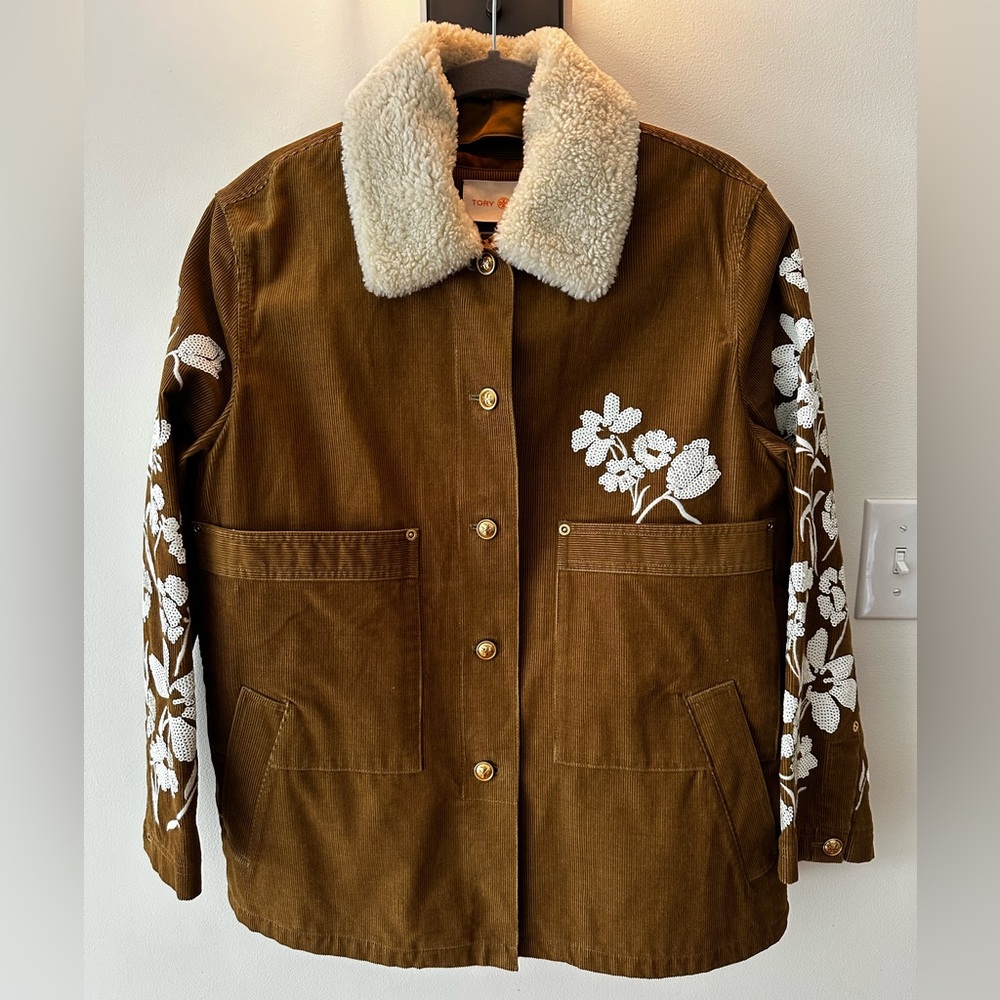 Gorgeous Tory Burch Brown Corduroy Jacket with White Floral Details